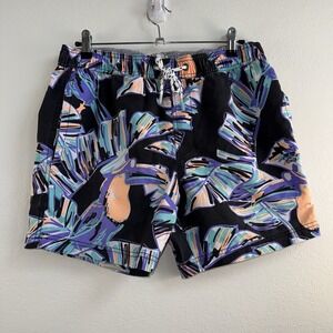 Party Pants Swim Trunks Sz Small Tropical Print Black Shorts 5" Inseam EUC!!